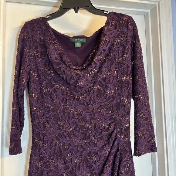Lauren Ralph Lauren Dark Purple Lace Sequin Cowl-Neck Sheath Dress Sz 8 - Picture 2 of 15